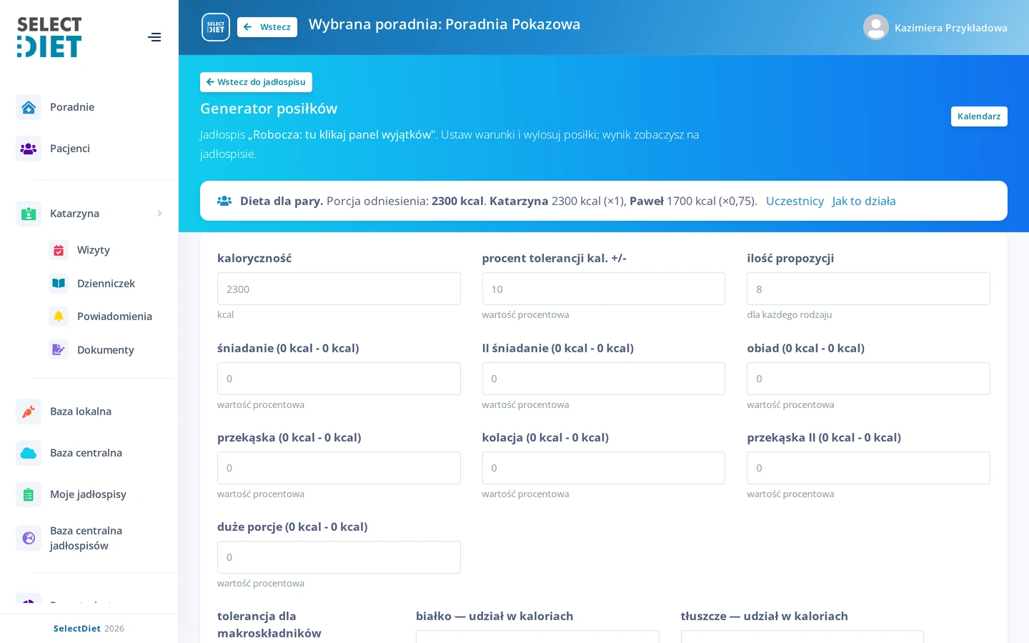 Generator posiłków: pola kaloryczności, procentowej tolerancji, liczby propozycji oraz udziału każdego typu posiłku w dniu.