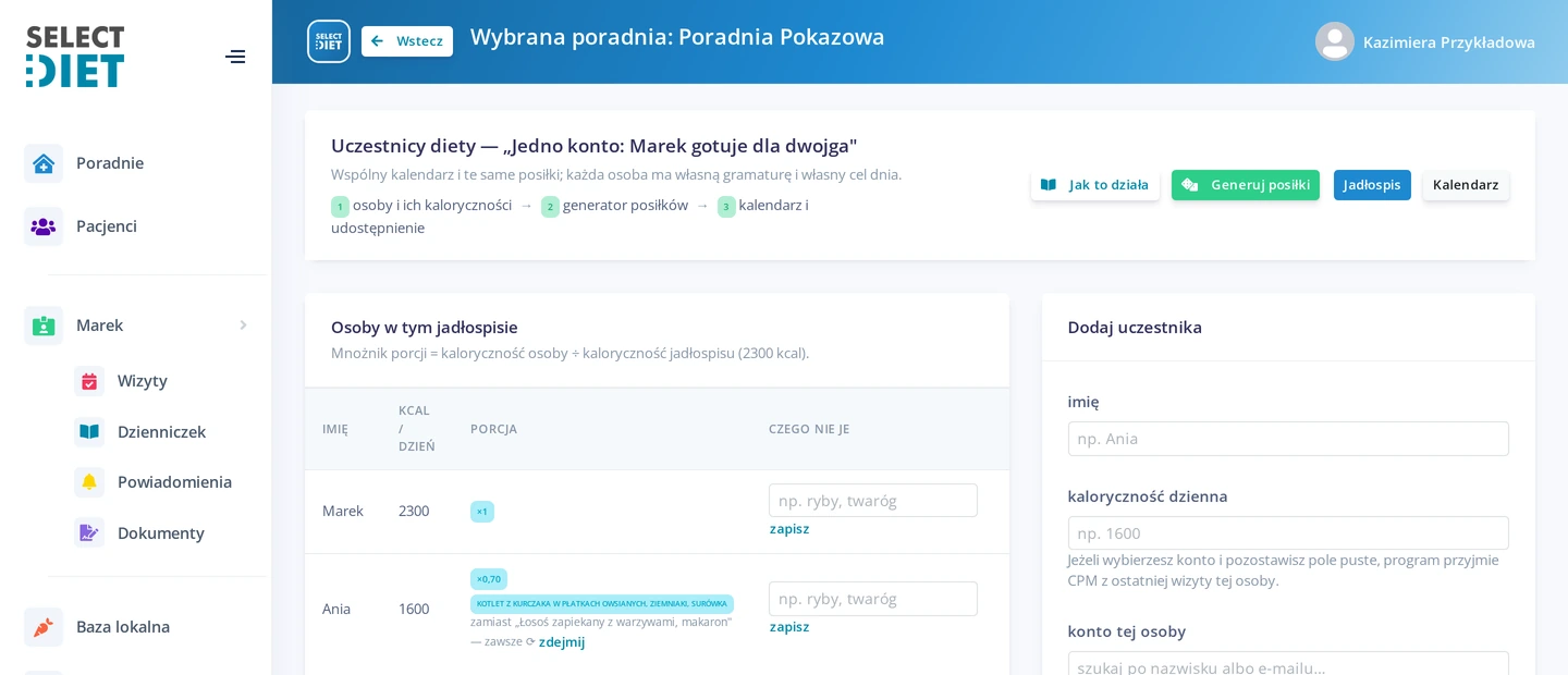 Ekran uczestników diety dla pary: Marek 2300 kcal z mnożnikiem razy jeden i Ania 1600 kcal z mnożnikiem 0,70 wraz z wyjątkiem na jeden posiłek.